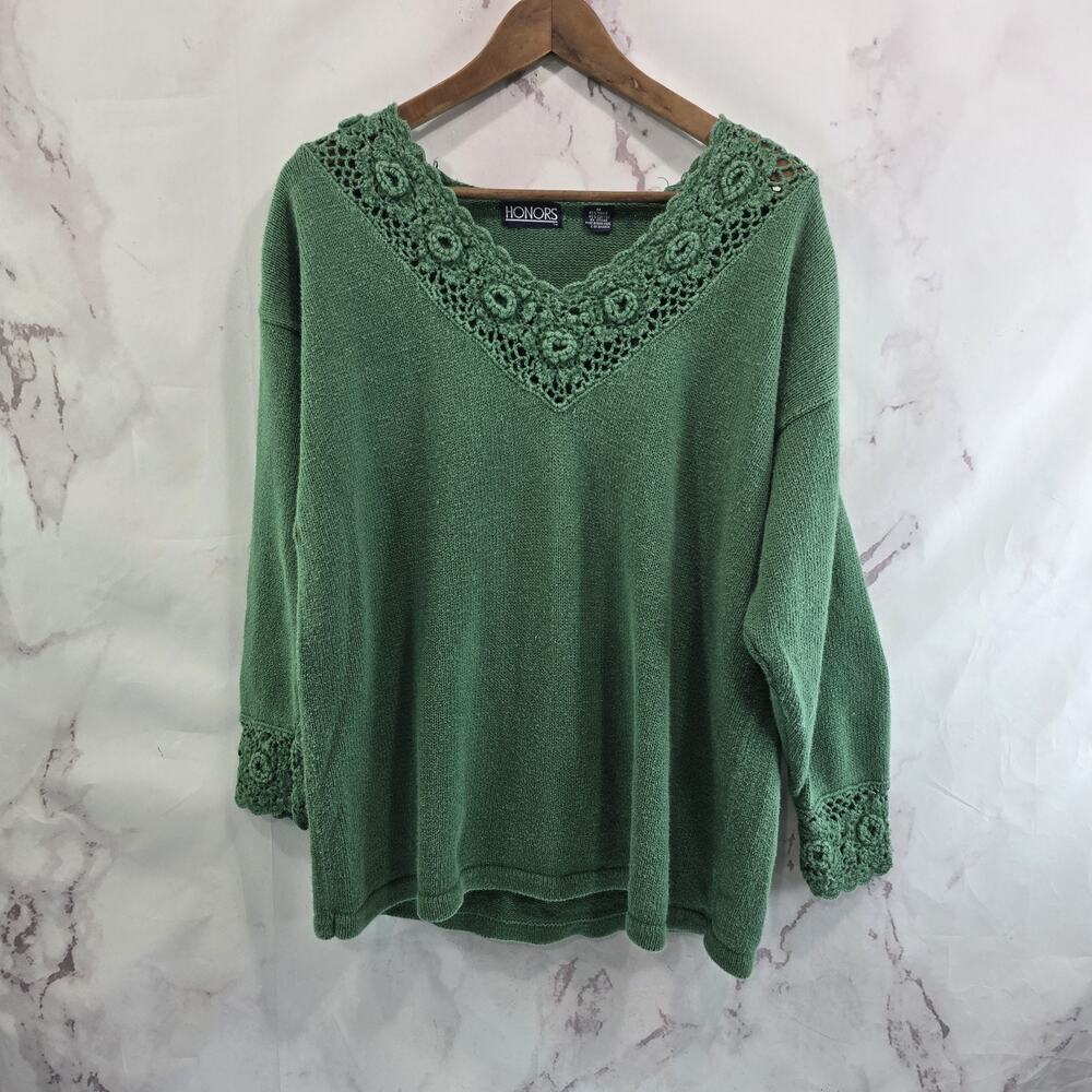 Vintage Sweater Womens Large 90s Green Oversized Coastal Cotton Ramie Crochet